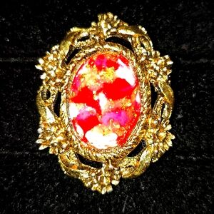 Vintage Easter Egg Speckled Cabachon Gold Plated Floral Brooch